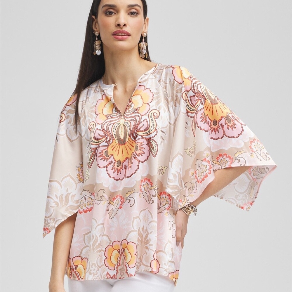 NWT Chico’s Satin Floral Keyhole Neck Blouse.